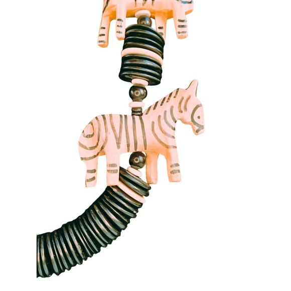 Vintage Hand-Carved Zebra Animal Necklace Wood Beads Tribal Safari Kenya 29” - Picture 3 of 7